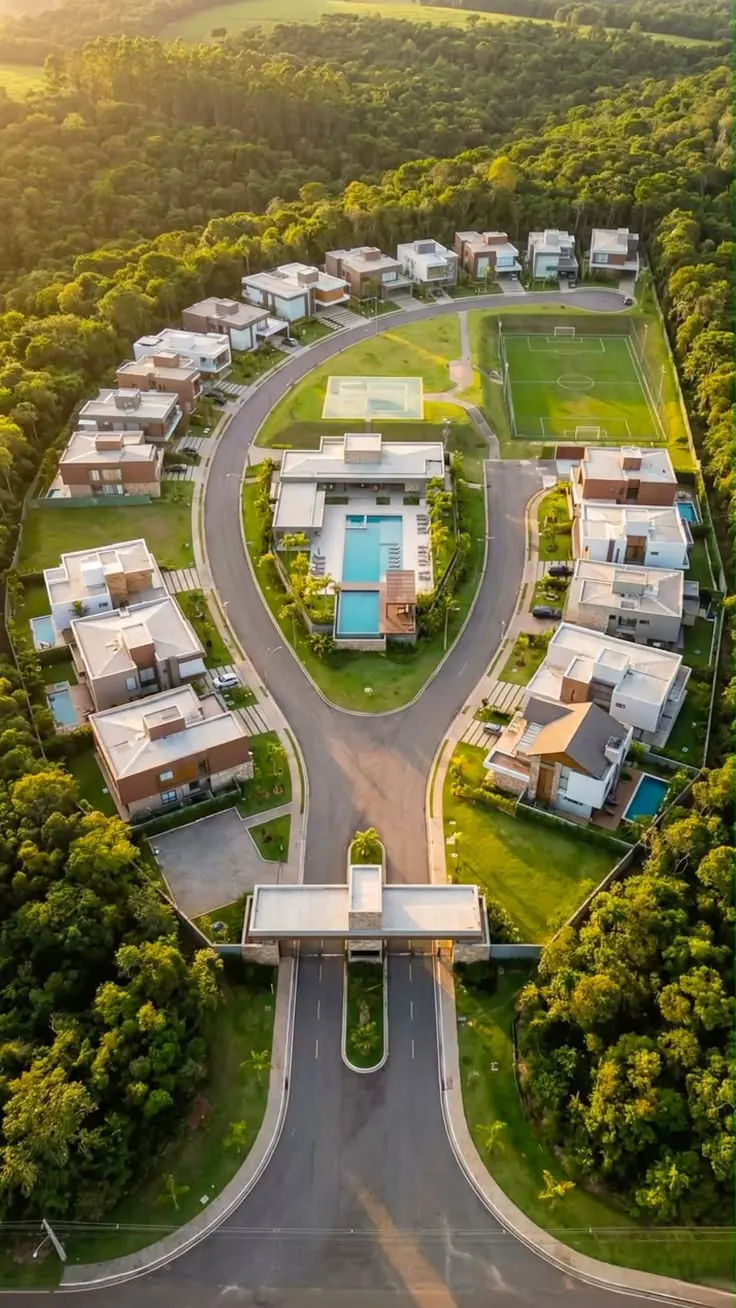 Aerial view of a gated villa community surrounded by forest