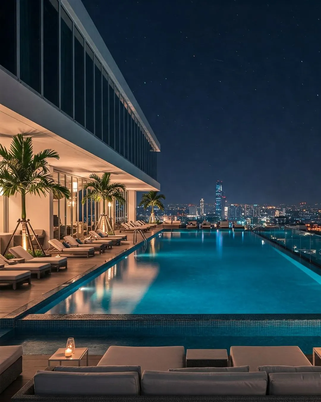 Rooftop infinity pool overlooking the city at night