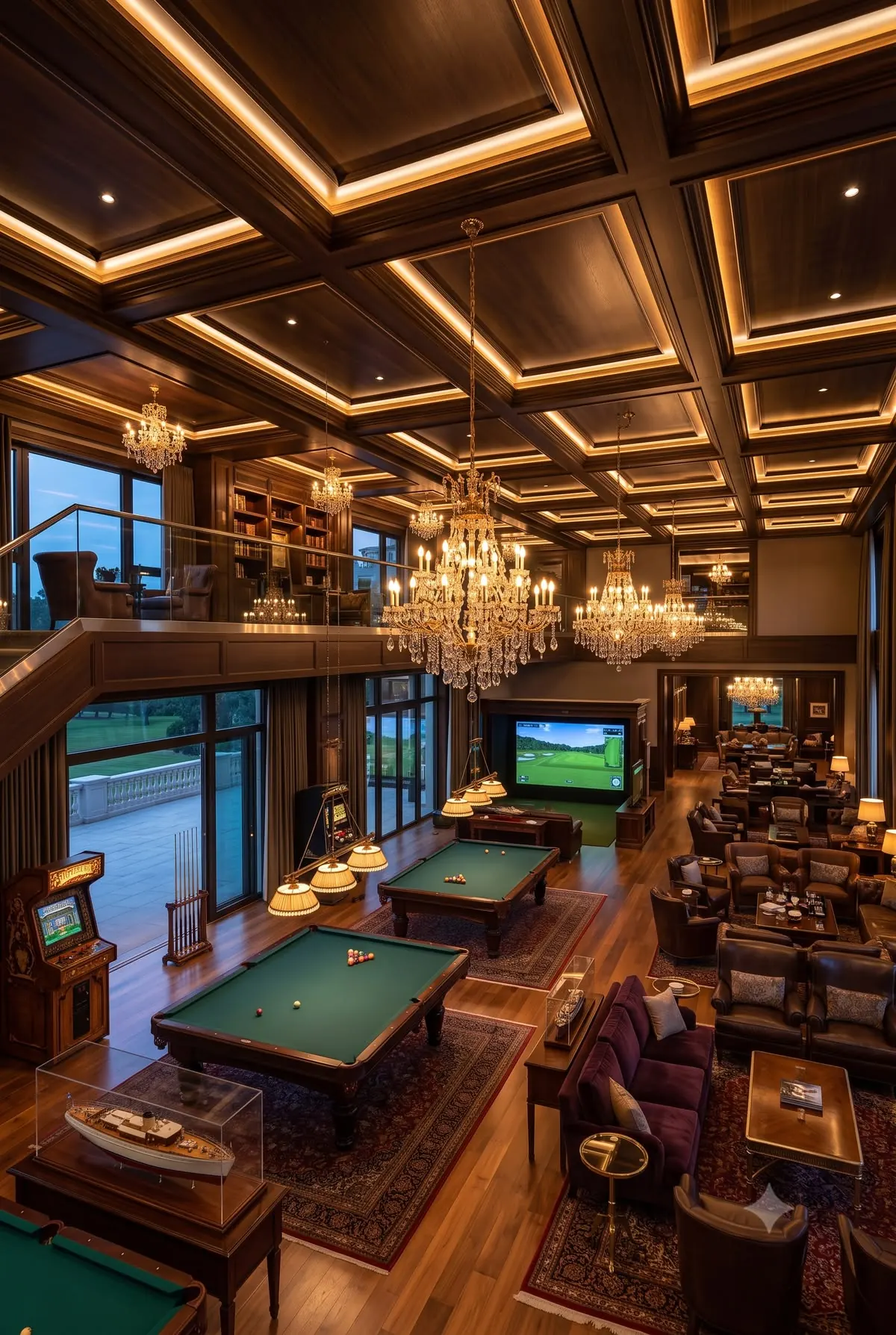 Wood-panelled clubhouse with billiards tables and chandeliers