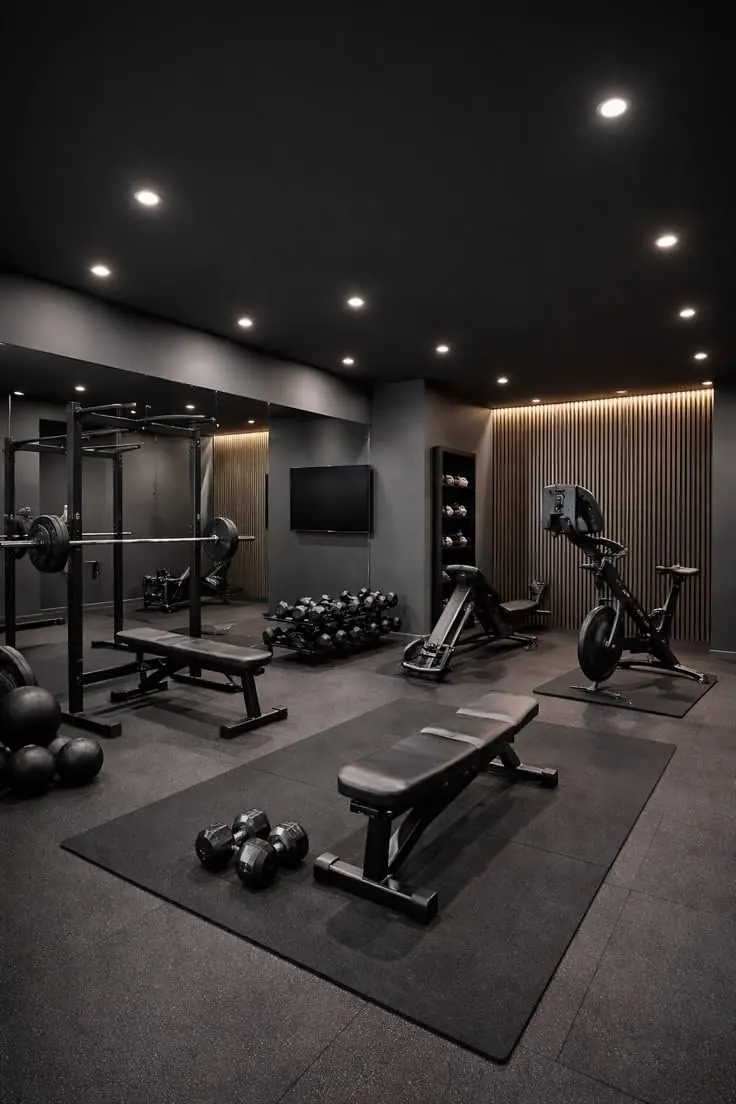 Dark, well-equipped residents' gym