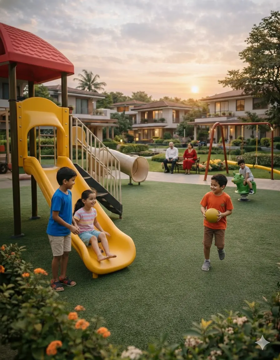 Children playing on a slide in a landscaped park