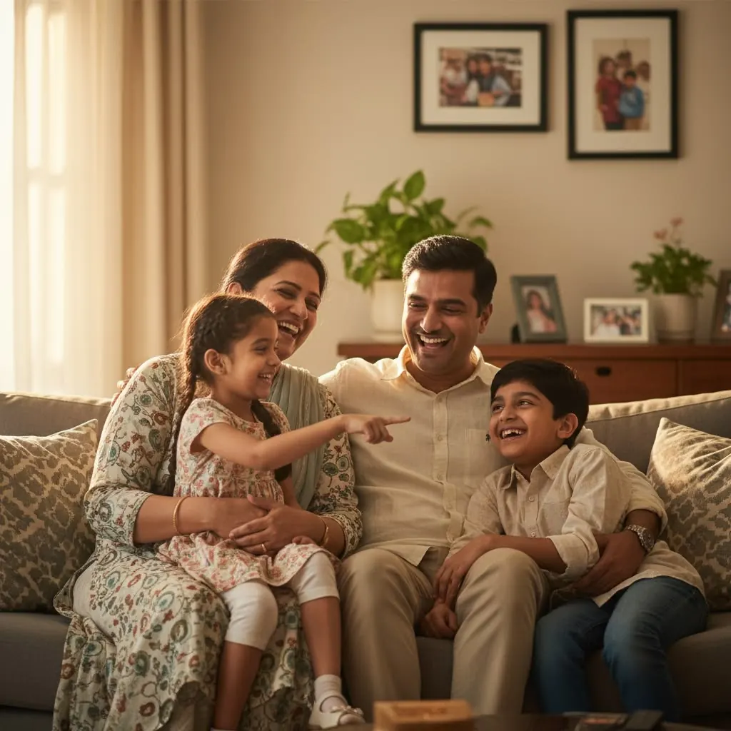 Family laughing together on a sofa at home