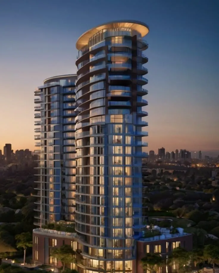 Curved glass apartment tower lit up at dusk
