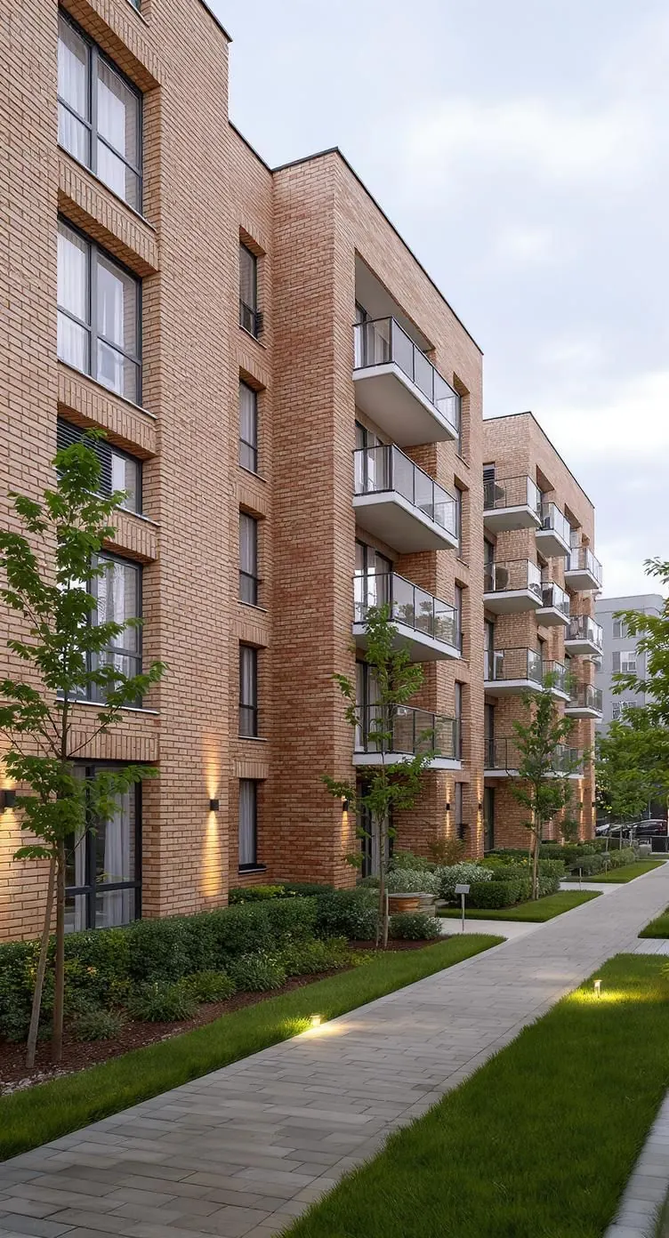 Brick low-rise apartments along a landscaped walkway