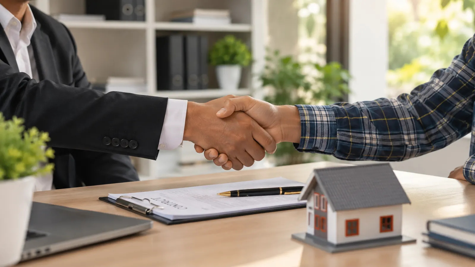 Two people shaking hands across a desk with a model house