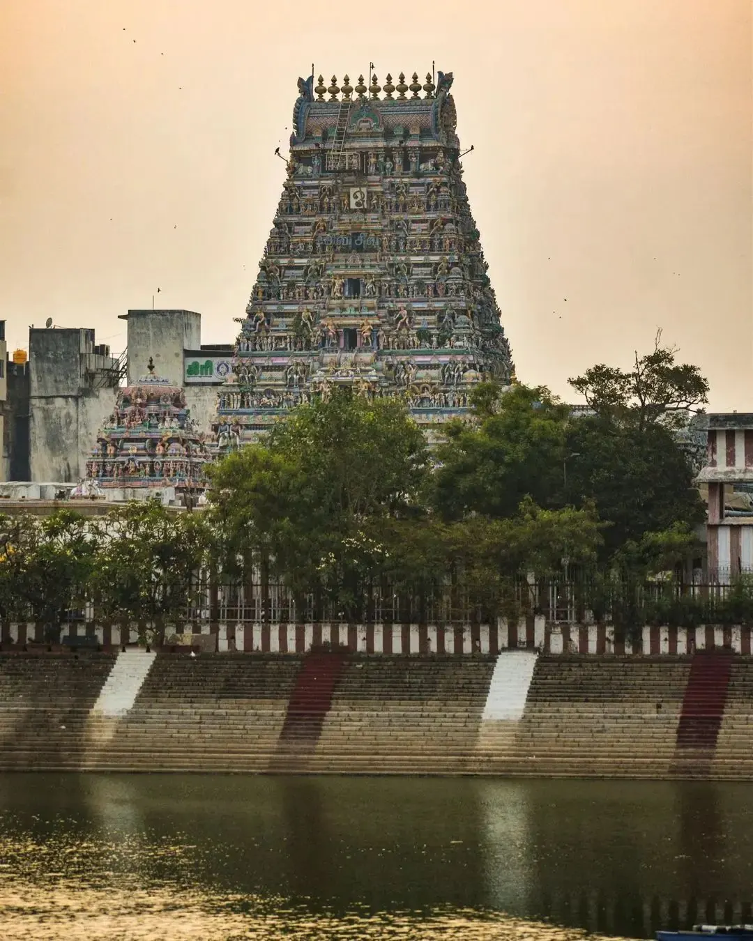 Kapaleeshwarar temple gopuram above the temple tank, Mylapore