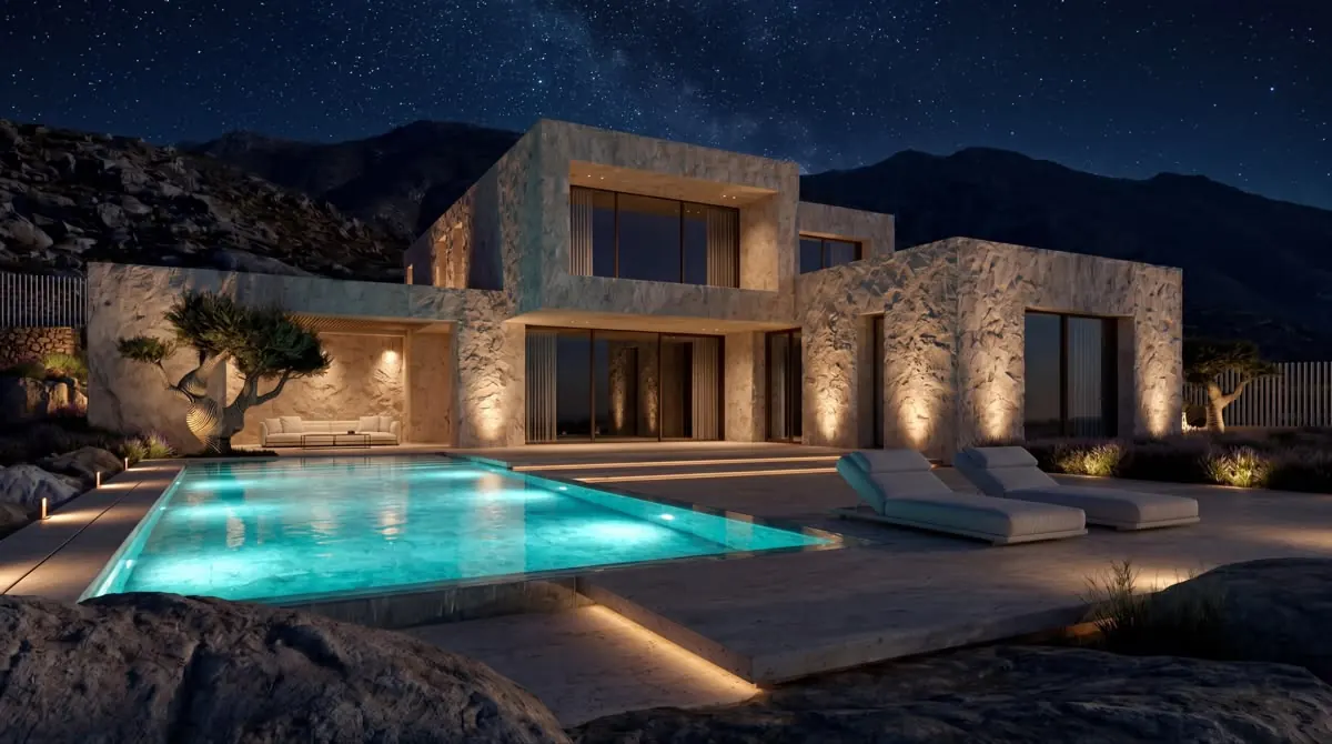 Stone villa with a lit pool under a night sky