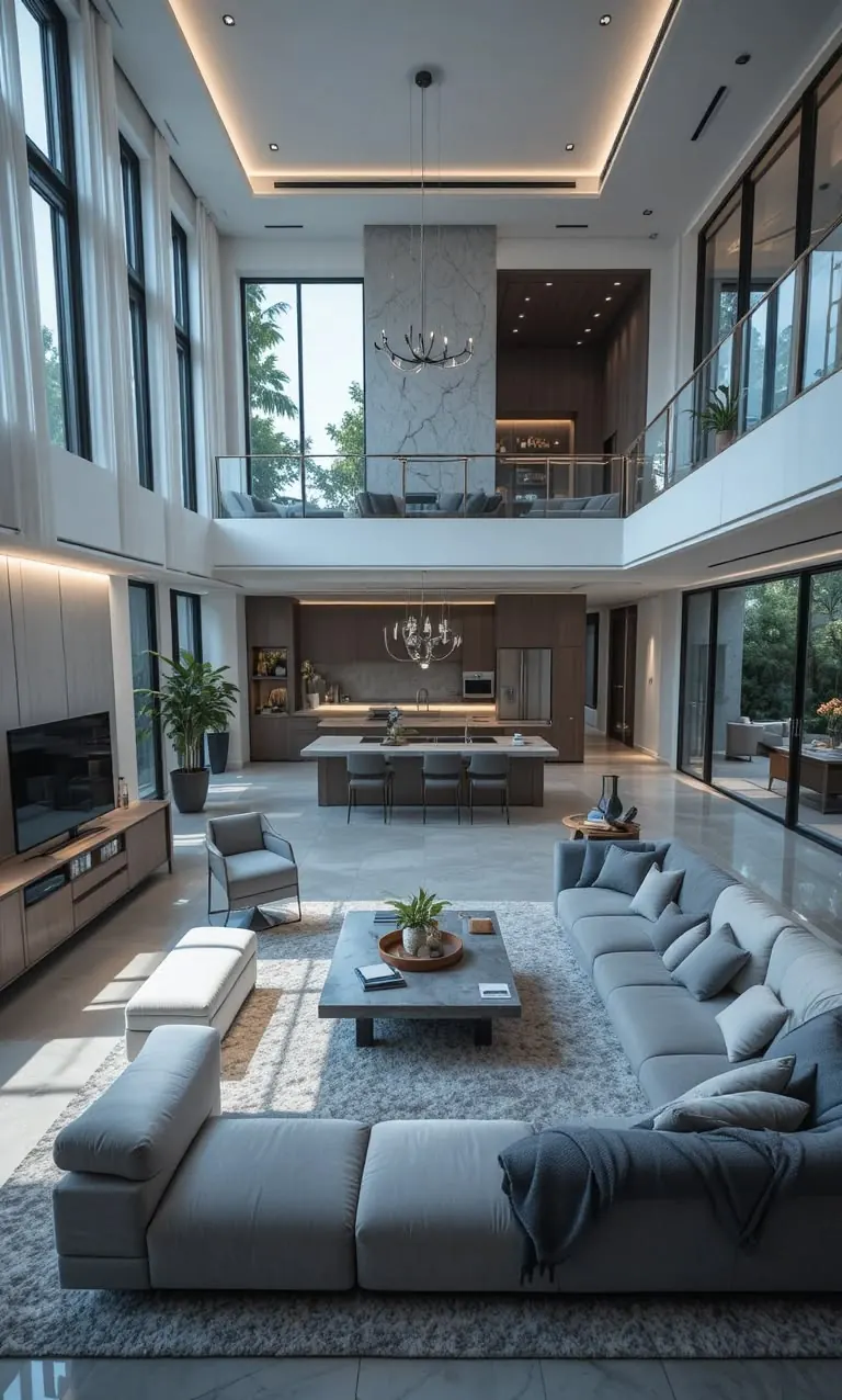 Double-height living room with a glass balcony above