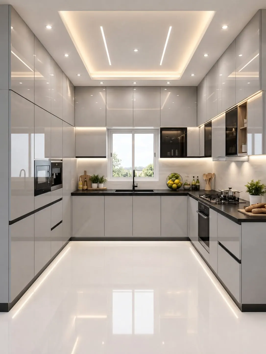 White modular kitchen with glossy cabinets and cove lighting