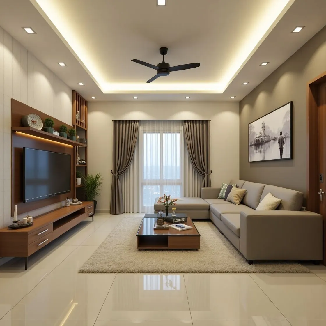Living room with a timber TV wall and L-shaped sofa