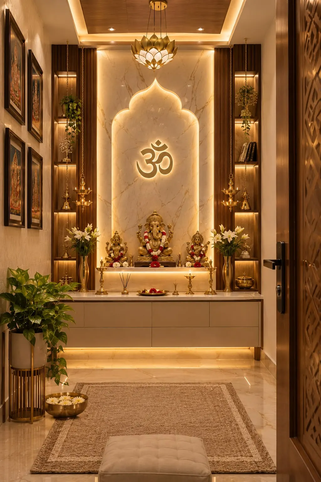 Backlit pooja room with an Om motif and brass lamps