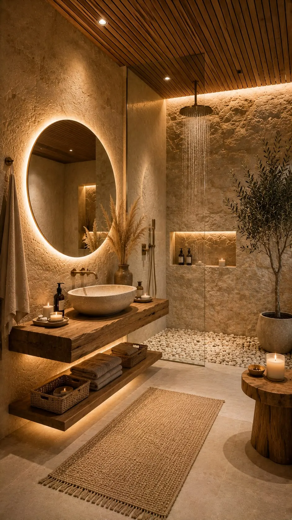 Stone bathroom with a round backlit mirror and rain shower