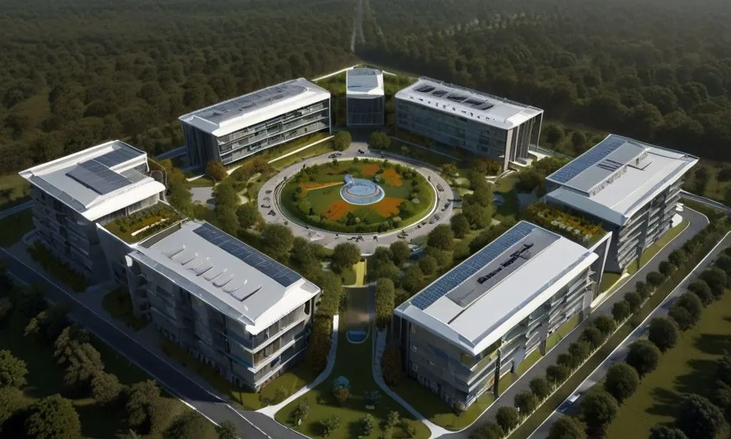 Aerial view of a modern campus surrounded by greenery
