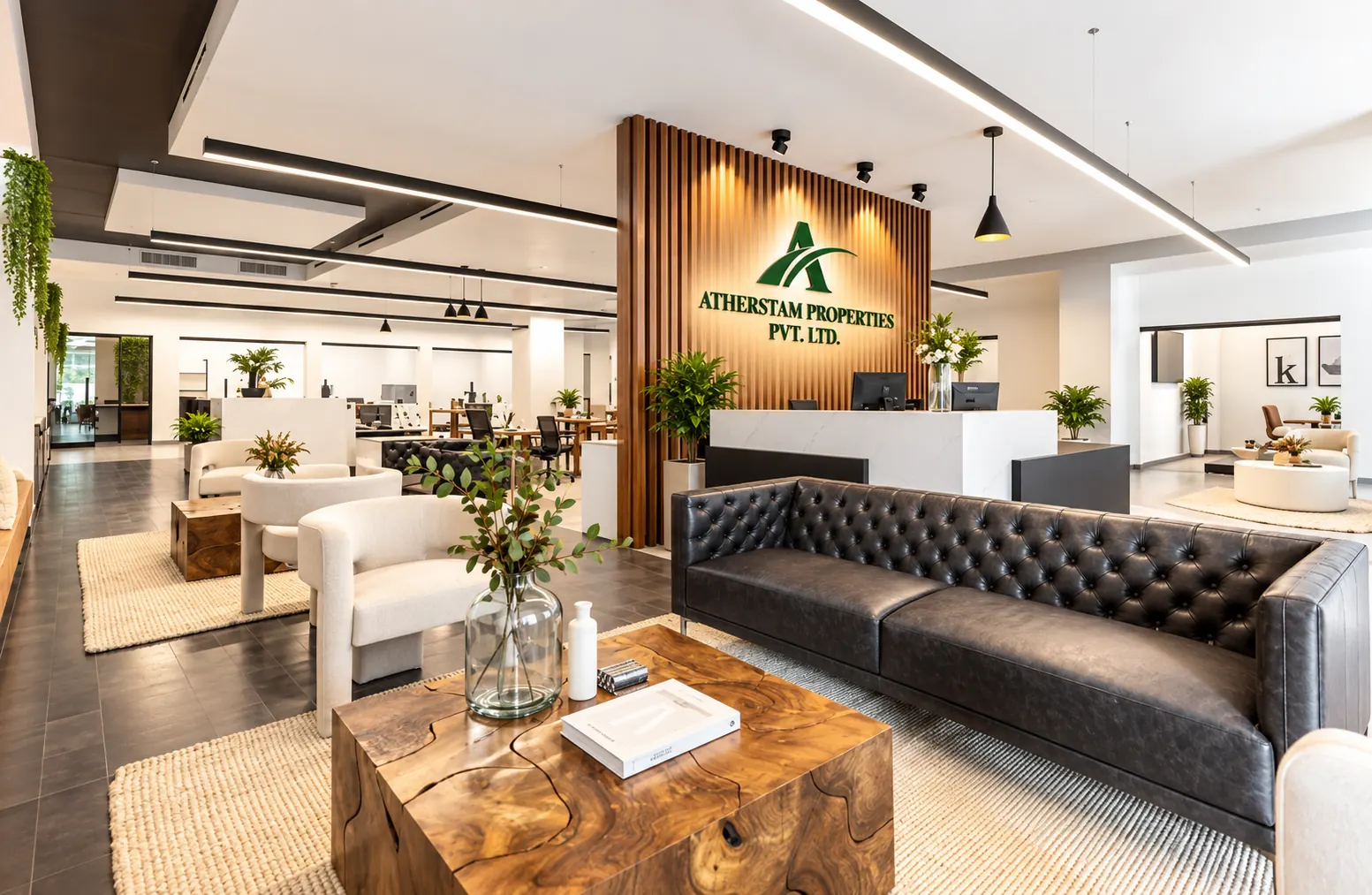 Atherstam Properties reception and lounge with the company logo on a timber wall