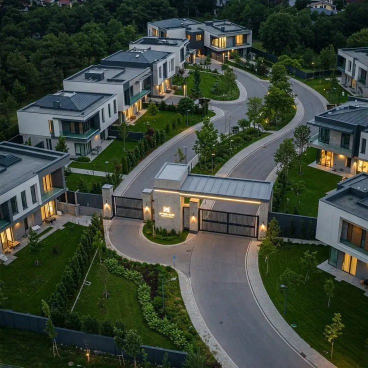 Aerial view of a gated villa community with a landscaped entrance