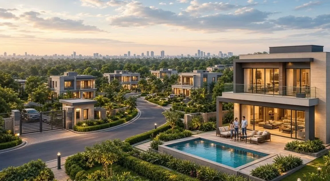 Villa with a private pool in a gated community at sunset