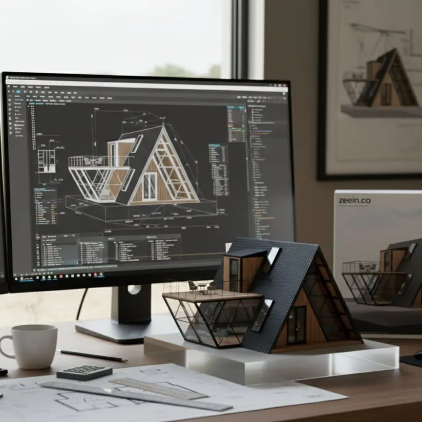 Architect's desk with house plans and a scale model