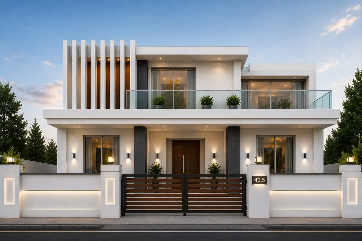White contemporary villa with a lit gate and balcony planters