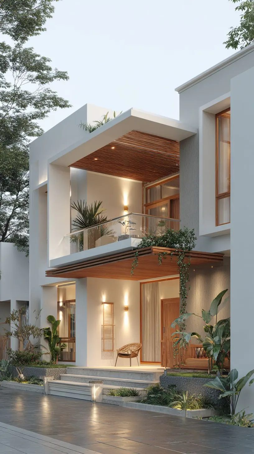 White villa with timber-lined balcony and tropical planting