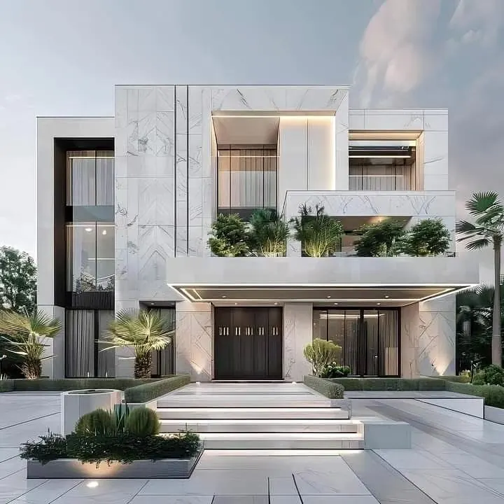 Marble-clad villa with broad entrance steps and planters
